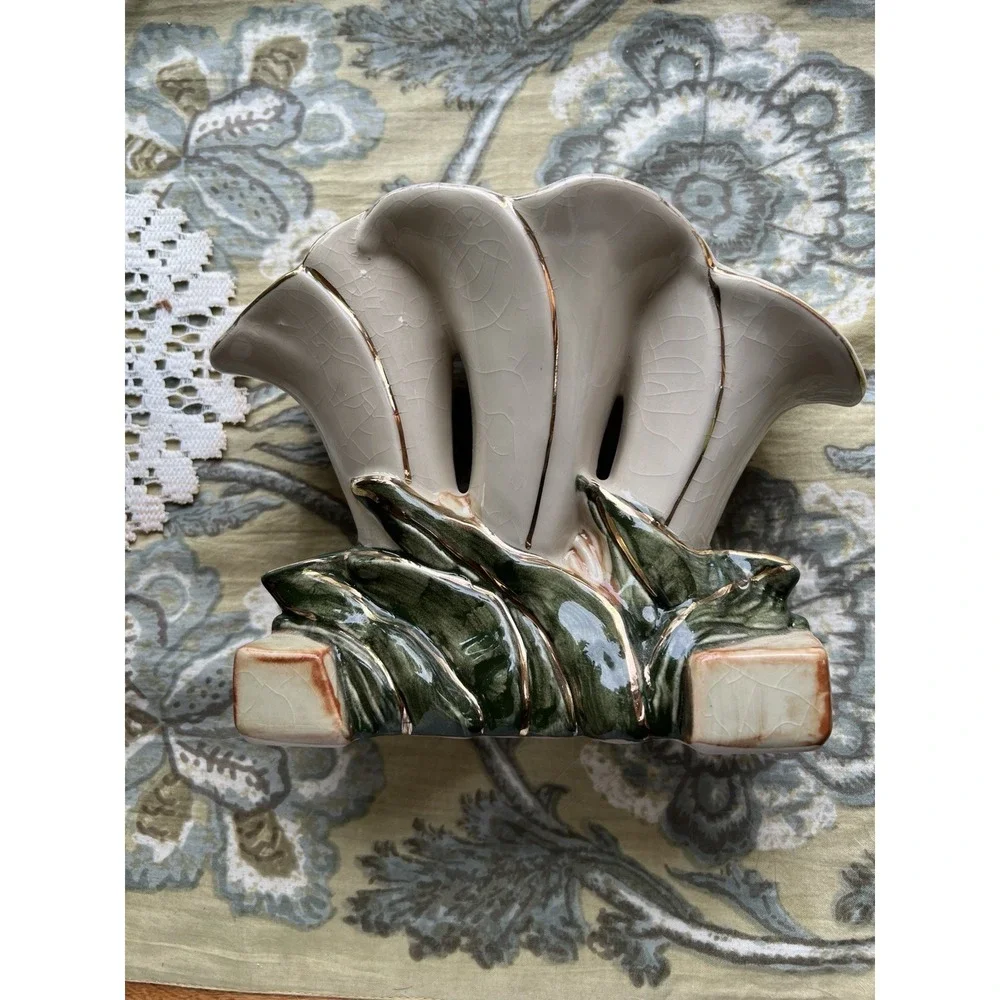 Vintage McCoy USA Triple Calla Lily Vase Planter Pottery Ivory Green Gold 1950s